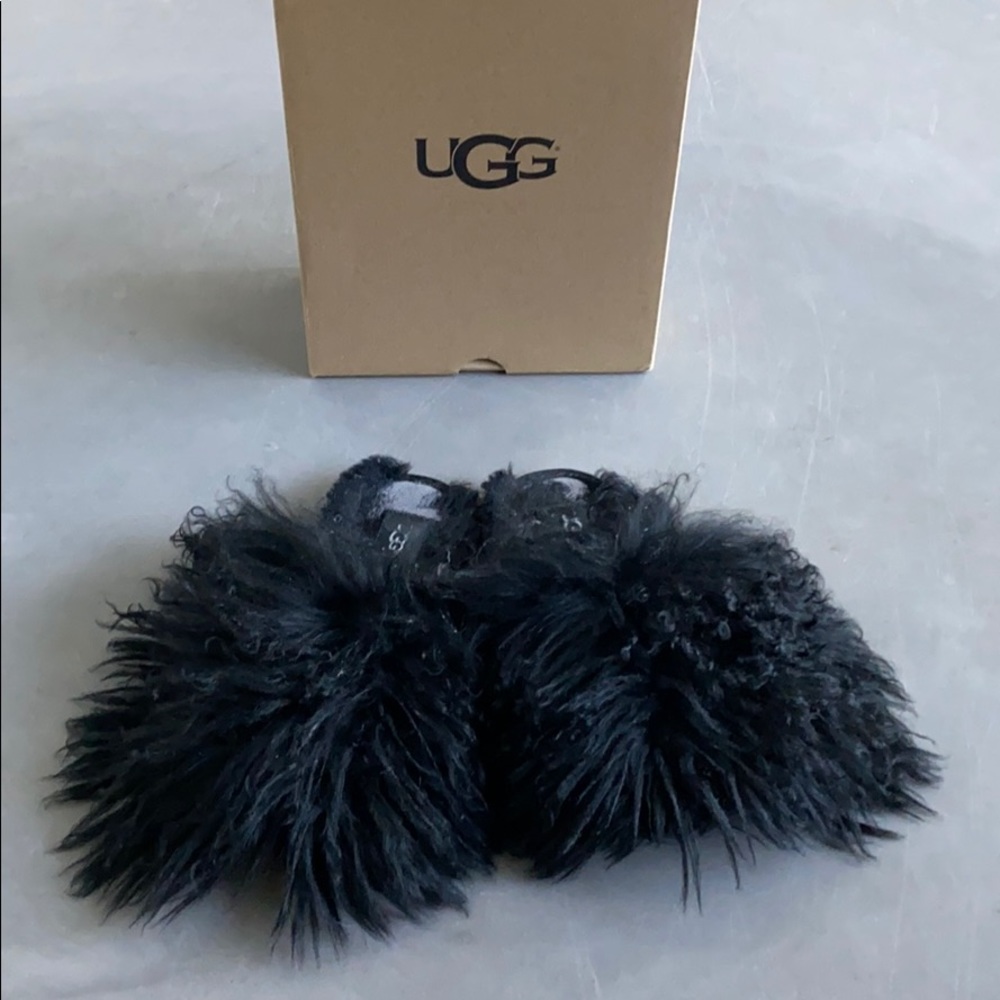 Ugg Black Fluff Momma Mongolian Clog Shag Slippers
